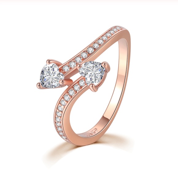 Jewelry - 18K Rose Gold Crystal CZ Heart Bypass Ring